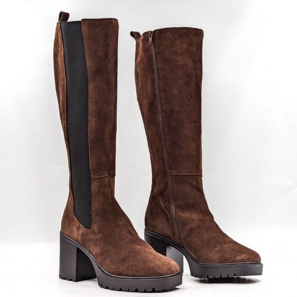 Steve Madden Deegan Chocolate Brown Suede Lug Sole Platform Square toe Boots - Picture 1 of 13